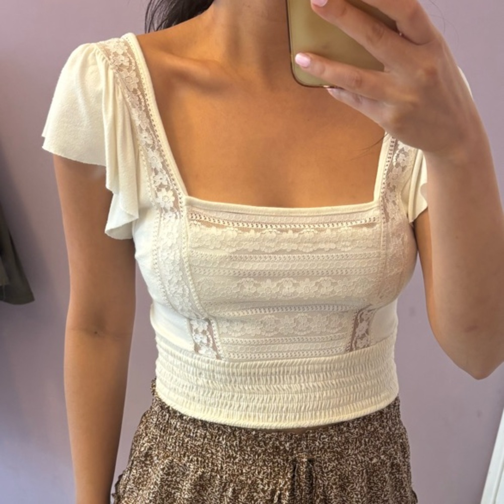 Forever 21 White Lace Short Sleeve Crop Top Size Small